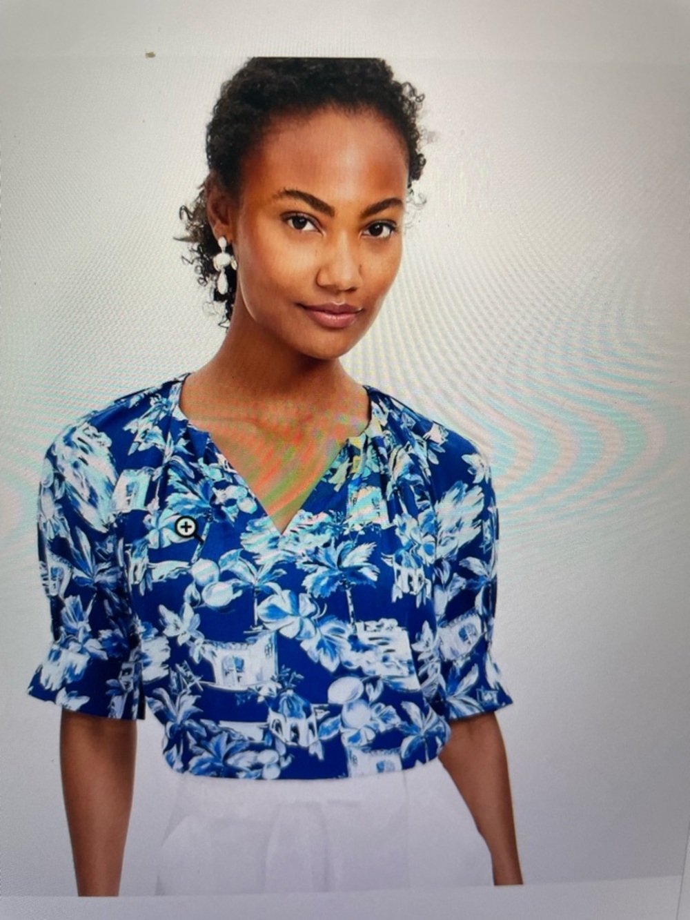 Loft Blue Sapphire and white Corfu Weekend v  Neck blouse